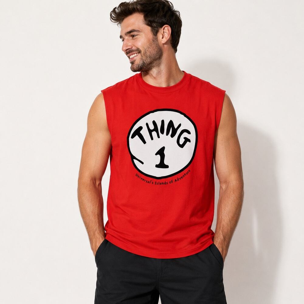 Universal Studios Thing 1 Dr Seuss Red Sleeveless Shirt Mens Large NWT
